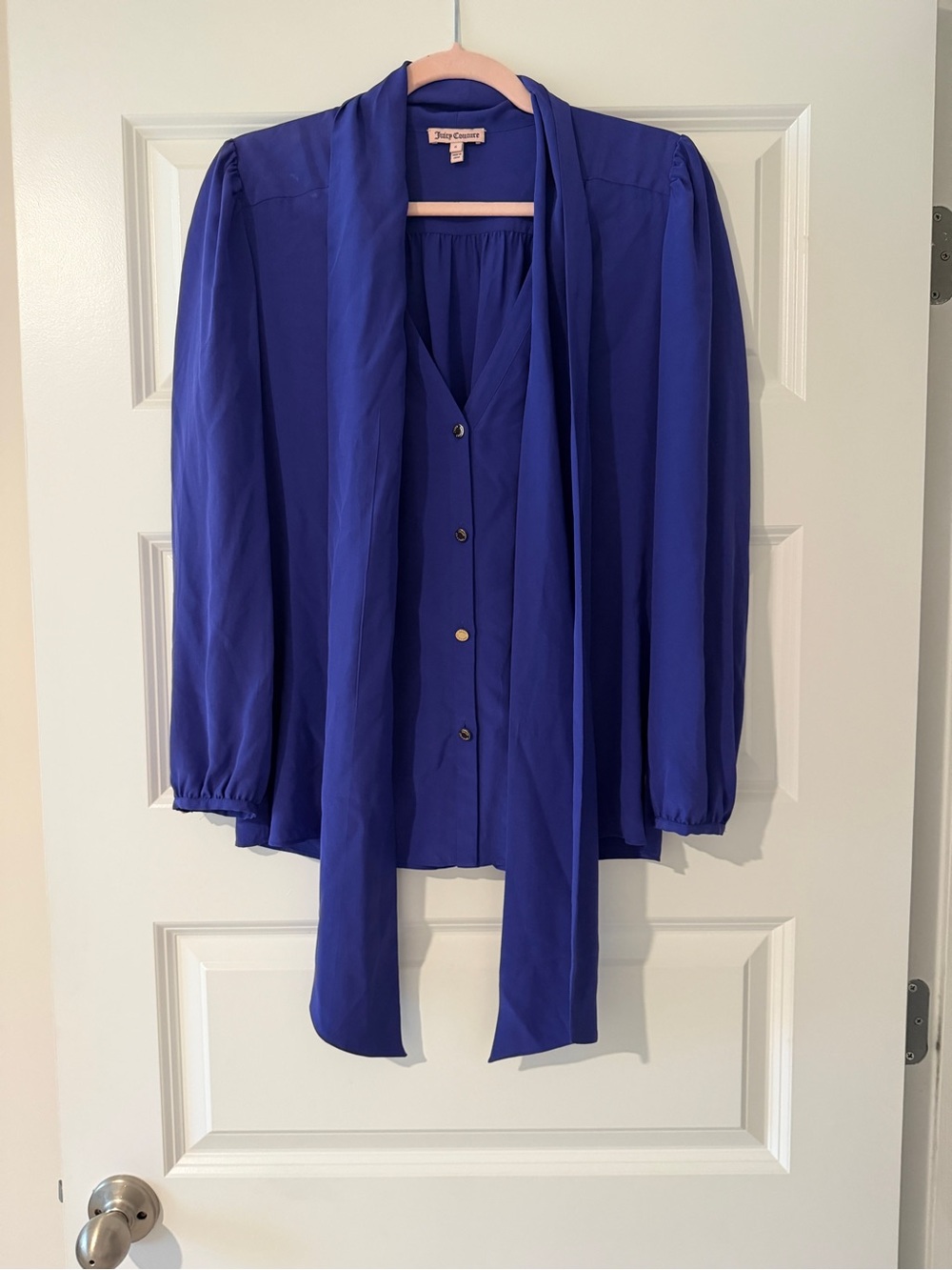 Juicy Couture 100% Silk Royal Blue Tie-Neck Blouse